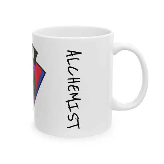 White mug with 'ALCHEMIST' text and colorful design on a white background