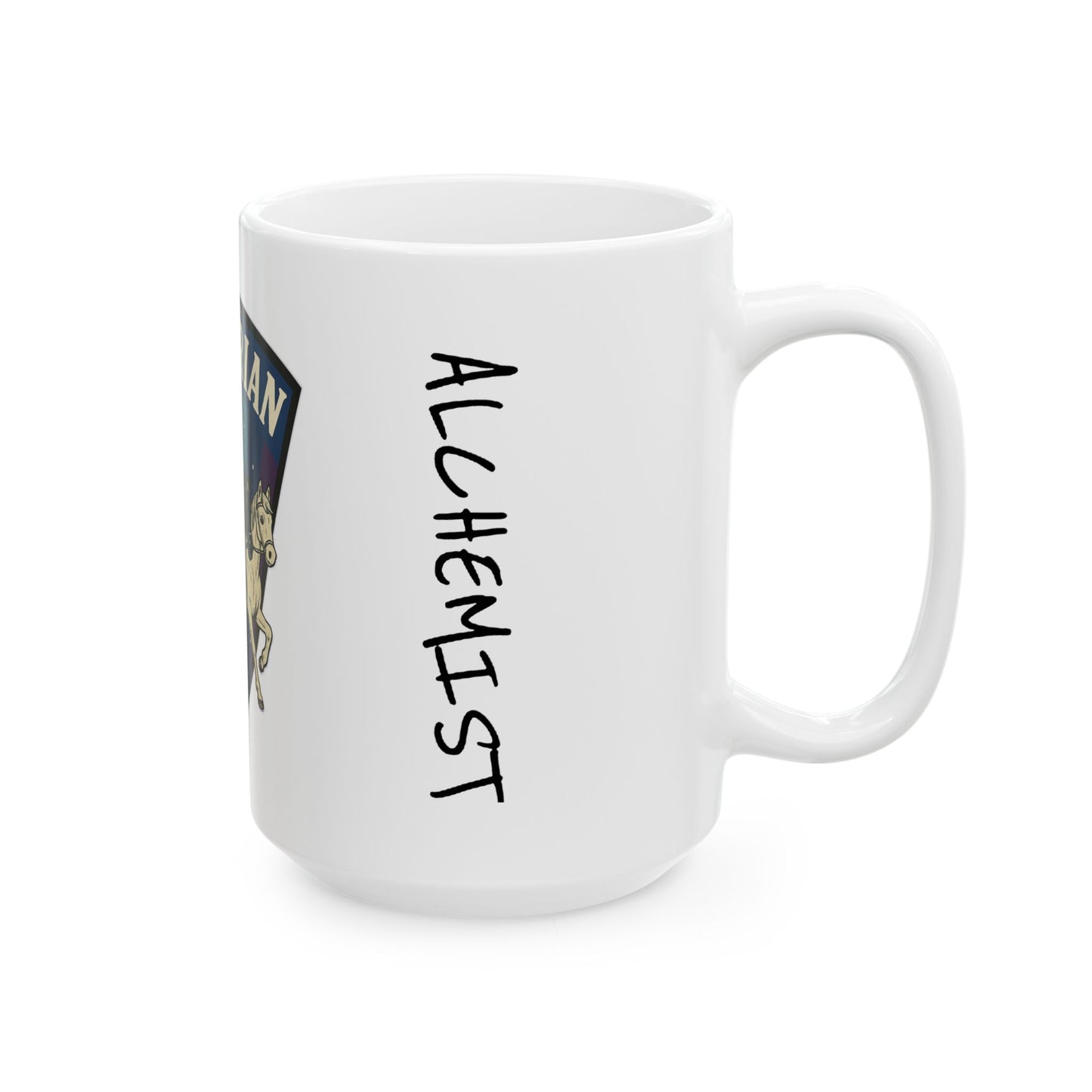White mug with 'ALCHEMYST' text on a white background