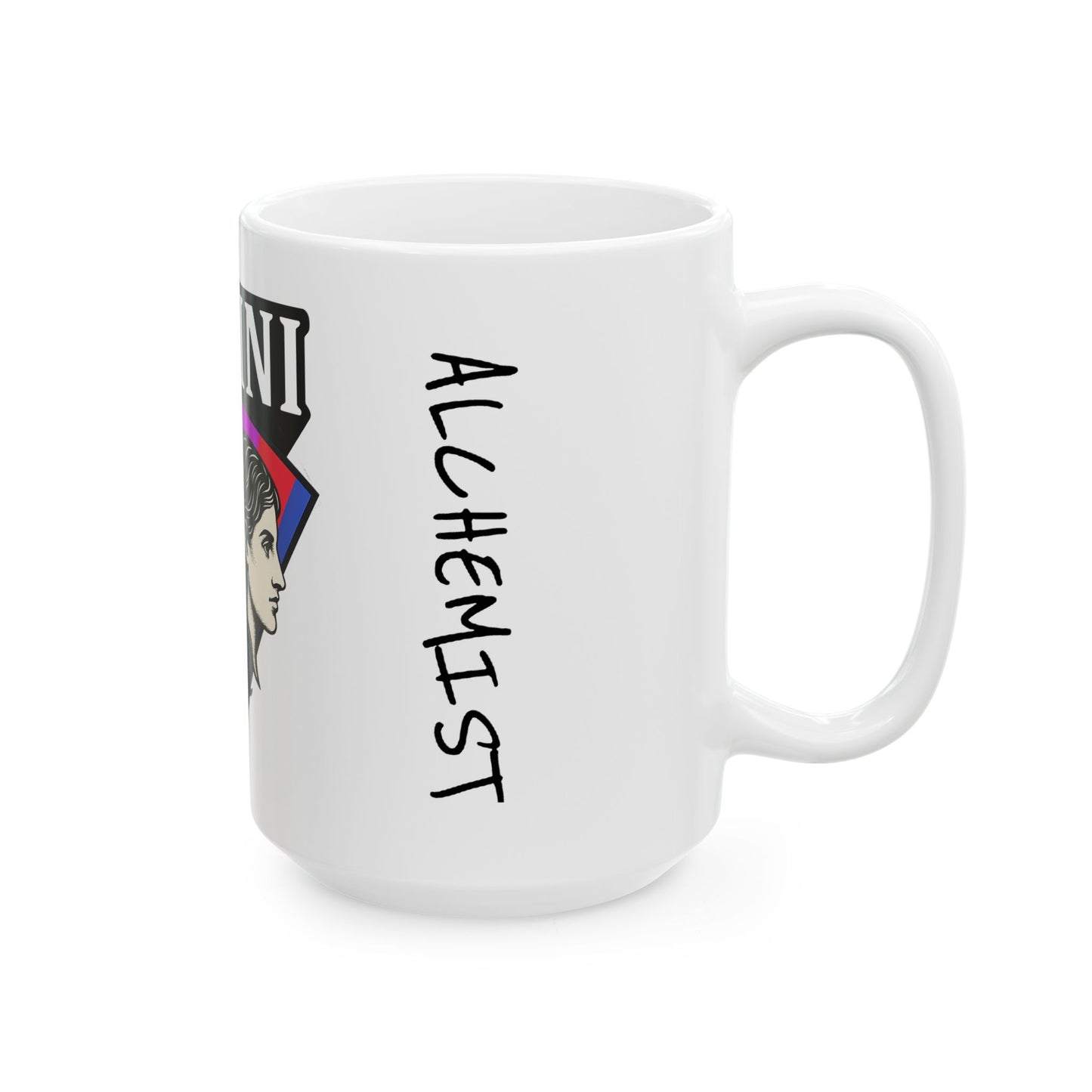 White mug with 'Alchemist' text and logo on a white background