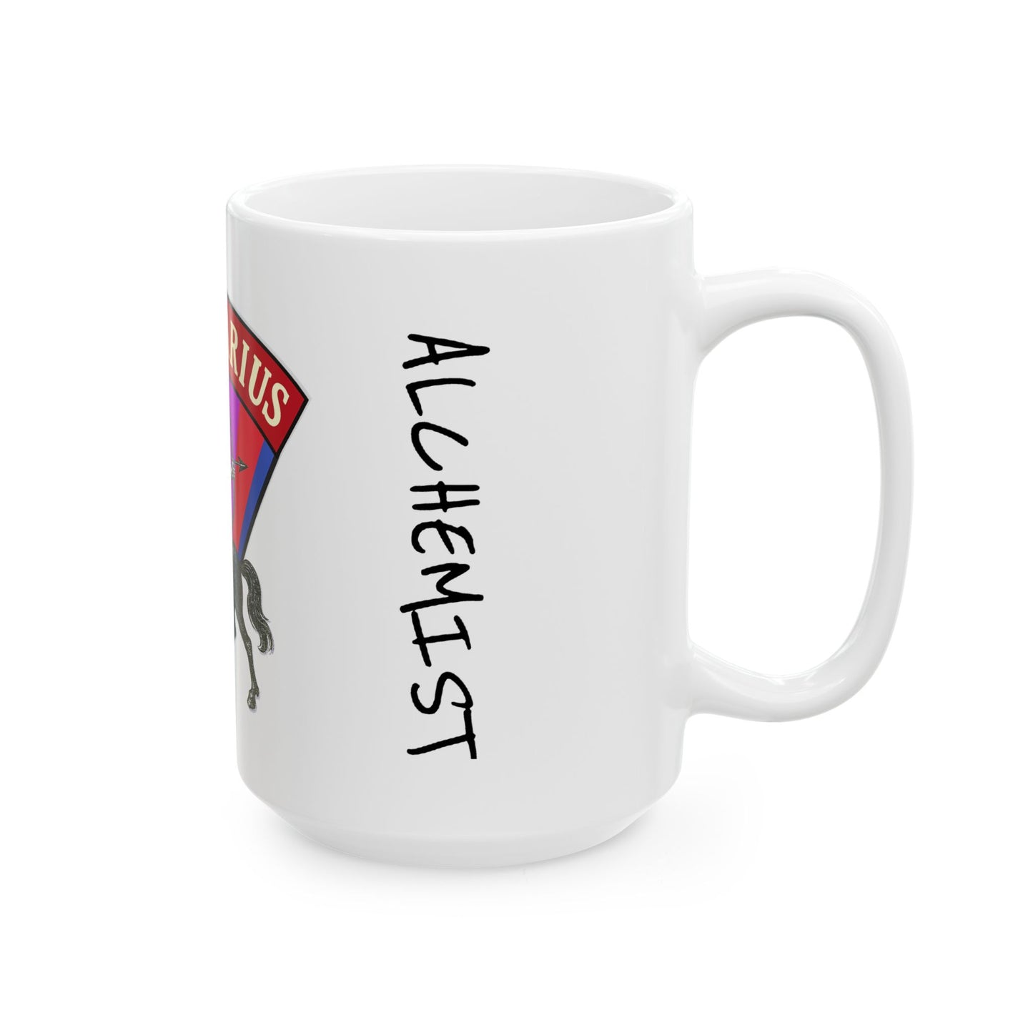 White mug with 'ALCHEMYST' text and colorful design on a white background
