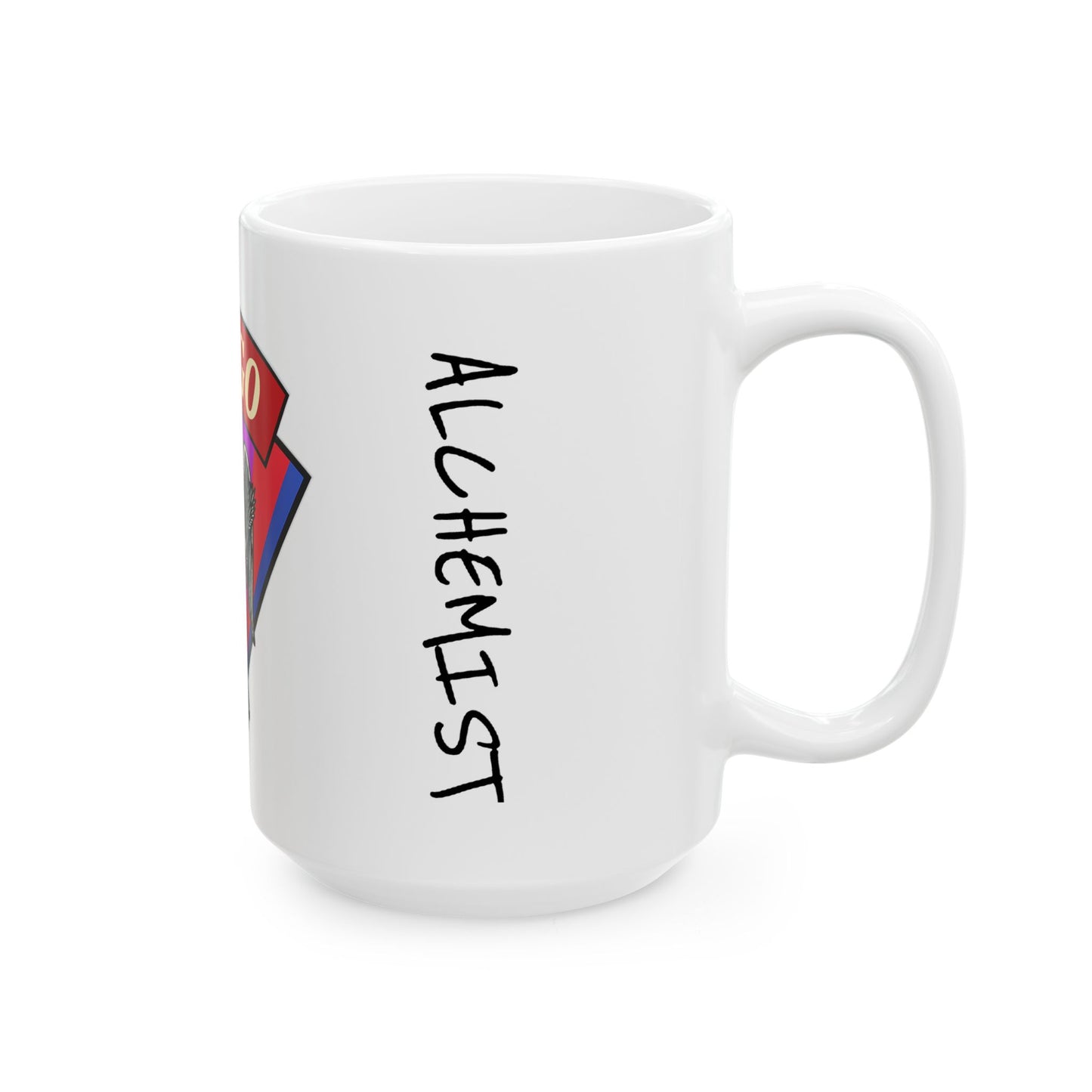 White mug with 'ALCHEMYST' text and a logo on a white background