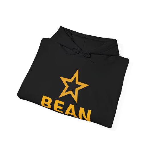 Black hoodie with yellow star and 'BEAN' text on a white background