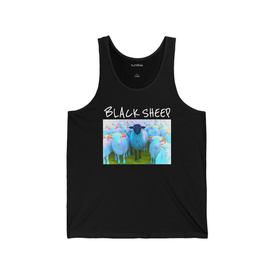 Black tank top with 'Black Sheep' graphic design featuring sheep in a field.