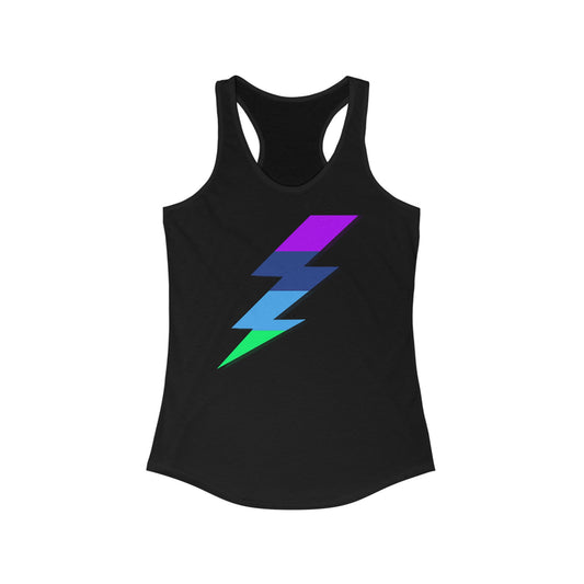 Black racerback tank top featuring a bold, multicolor lightning bolt graphic in purple, blue, and aqua on the front.