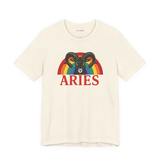 Beige t-shirt with Aries zodiac sign graphic featuring a rainbow on a white background
