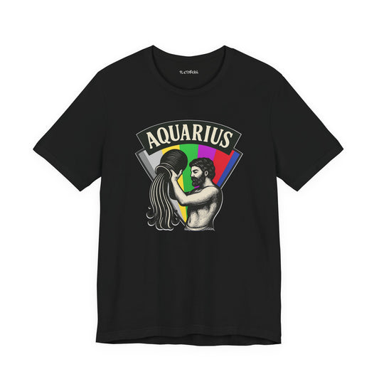Black t-shirt with Aquarius zodiac design on a white background