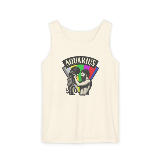 Beige tank top with Aquarius zodiac design on a white background