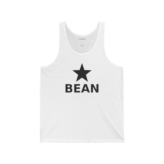 White tank top with a black star and 'BEAN' text on a white background