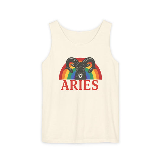 Beige tank top with Aries zodiac sign design featuring a rainbow-colored ram on a white background