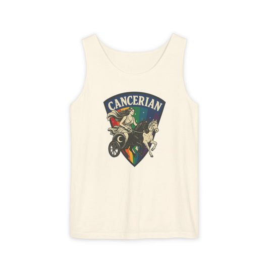 Beige tank top with 'Cancerian' design featuring a rainbow and zodiac symbol on a white background.
