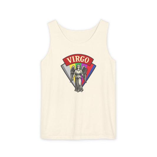 Beige tank top with 'Virgo' design featuring a rainbow-colored zodiac sign on a white background