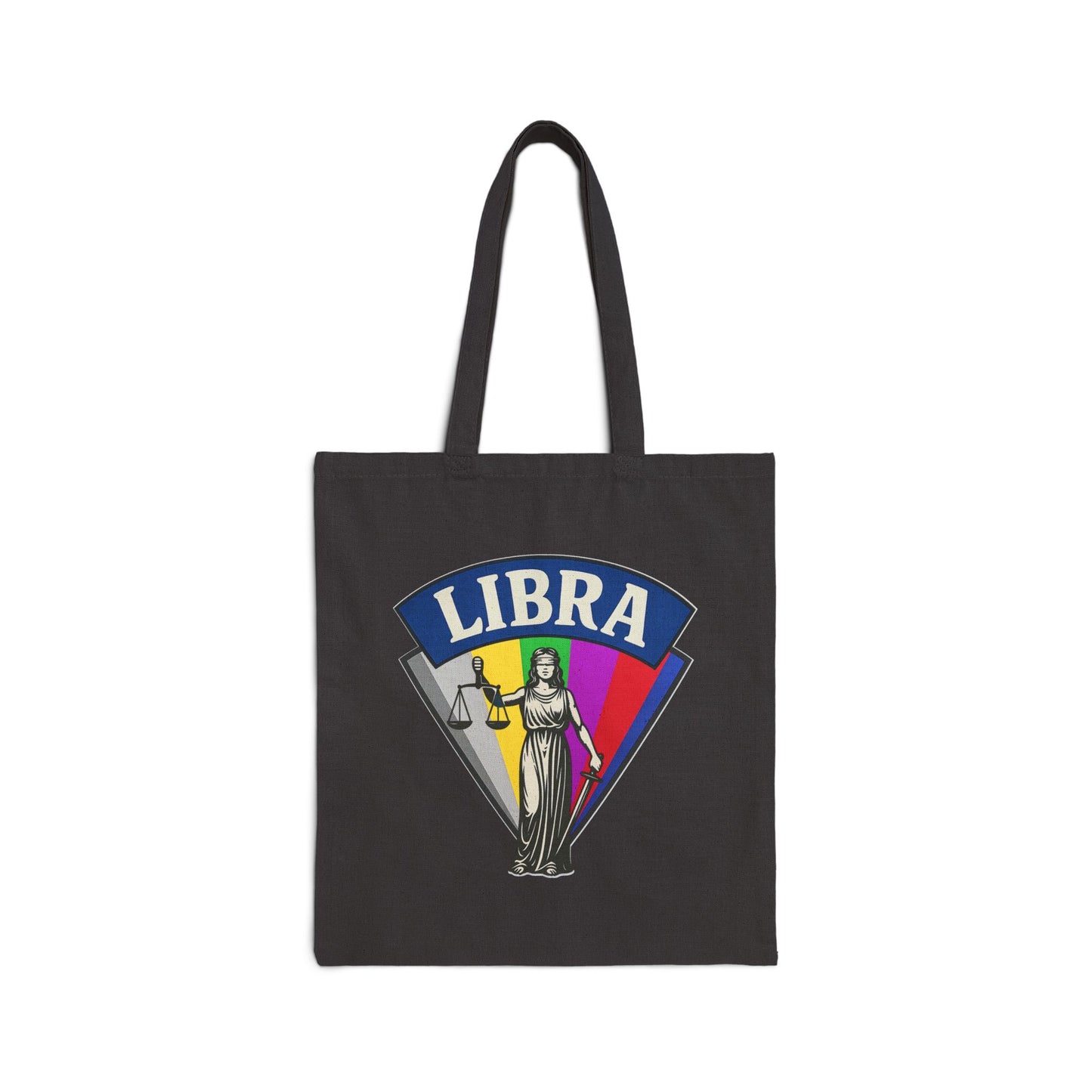 Black tote bag with Libra zodiac design on a white background
