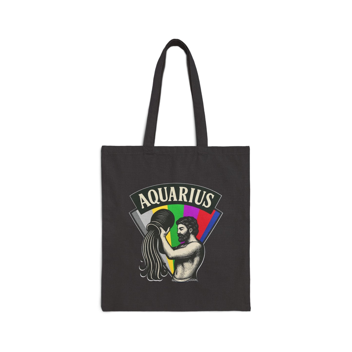 Black tote bag with Aquarius design featuring a zodiac sign illustration on a white background