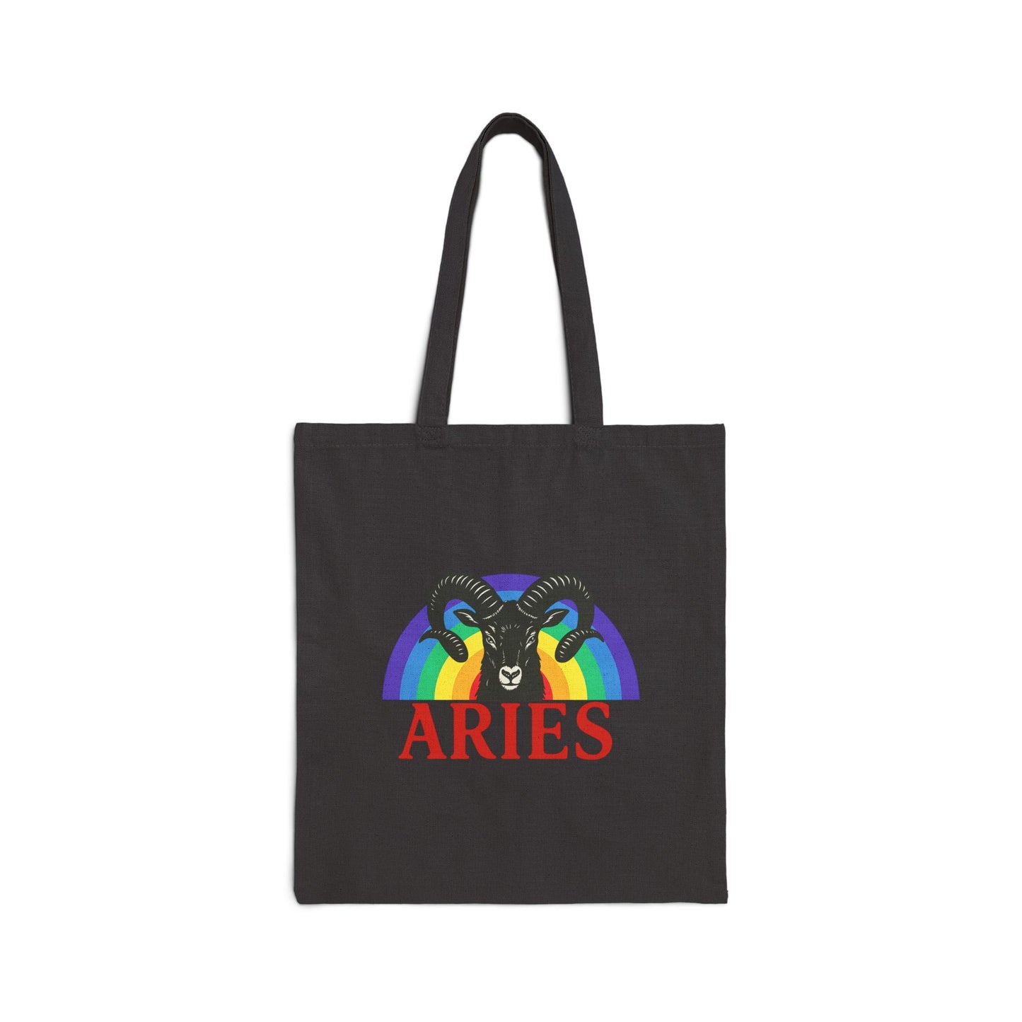 Black tote bag with Aries zodiac sign design featuring a rainbow and red text on a white background