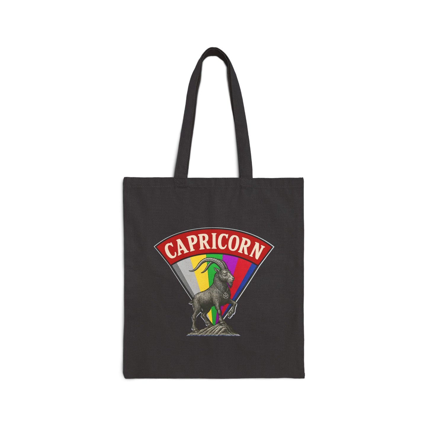 Black tote bag with Capricorn design featuring a goat and colorful arc on a white background