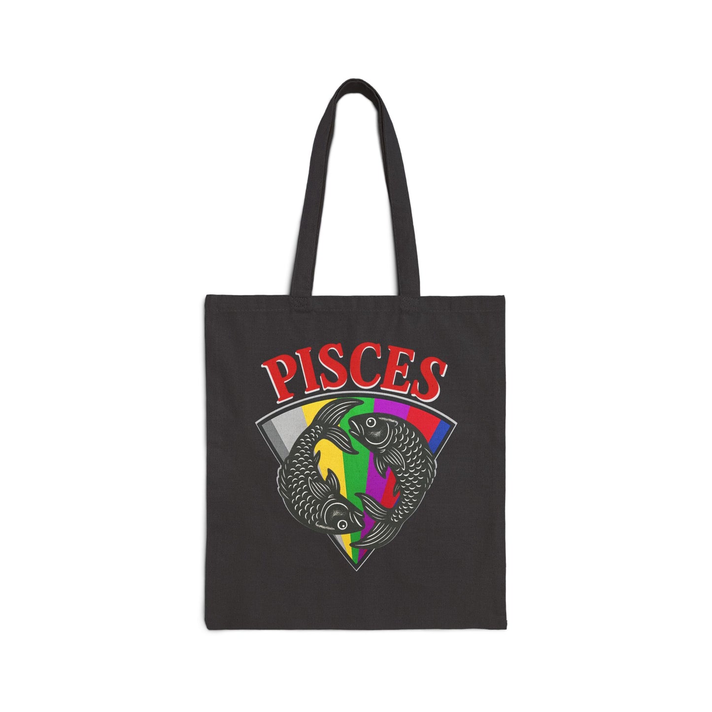 Black tote bag with Pisces zodiac sign design on a white background