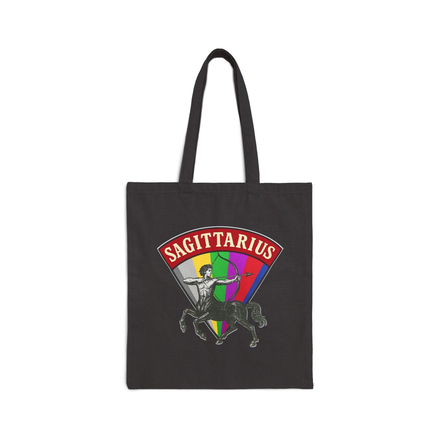 Black tote bag with Sagittarius design featuring a rainbow-colored arch on a white background