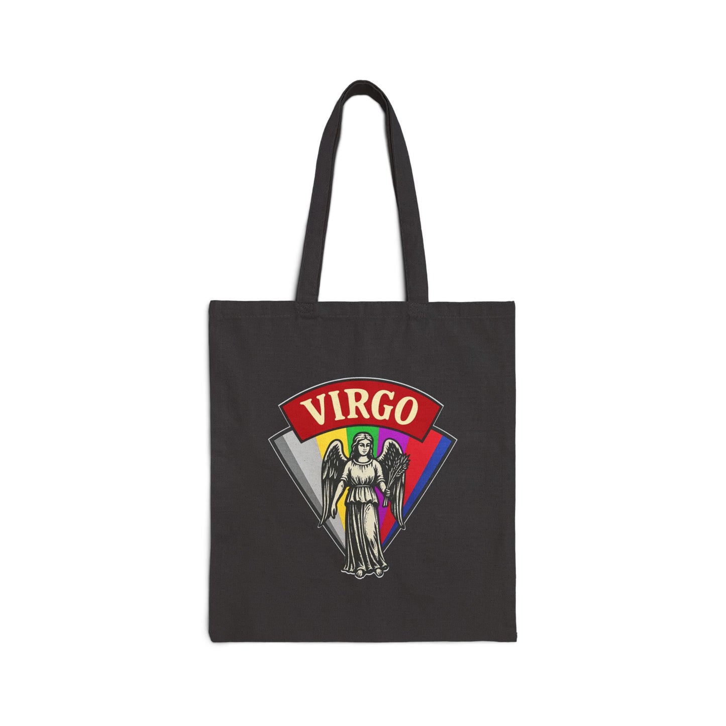 Black tote bag with 'Virgo' design featuring a figure and colorful background on a white background