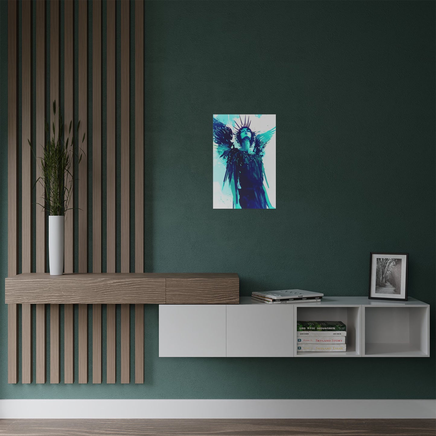 Modern interior design with a wall painting of an angel, wooden paneling, and shelves.