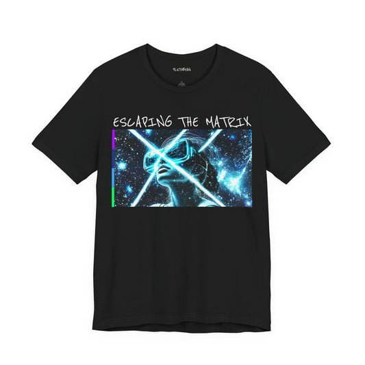 Black t-shirt with graphic design and text 'Escaping the Matrix' on a white background