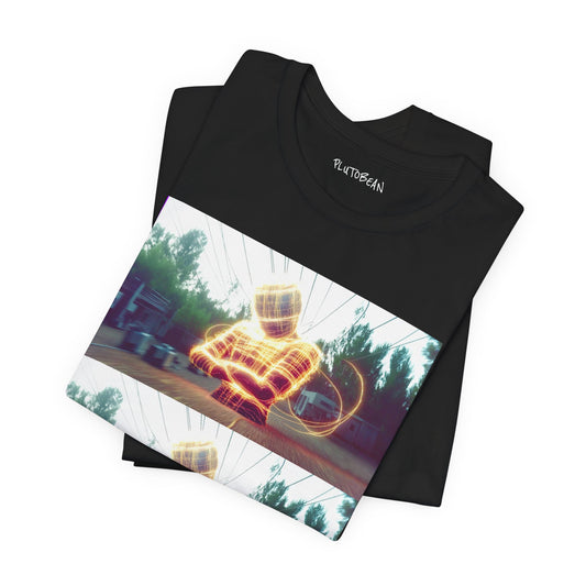 Folded black tee featuring glitch-effect artwork of a glowing figure repeated three times