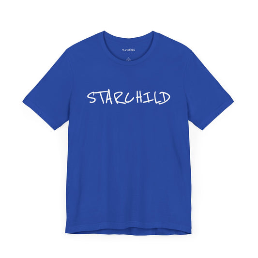 Blue t-shirt with handwritten white “STARCHILD” text across the chest
