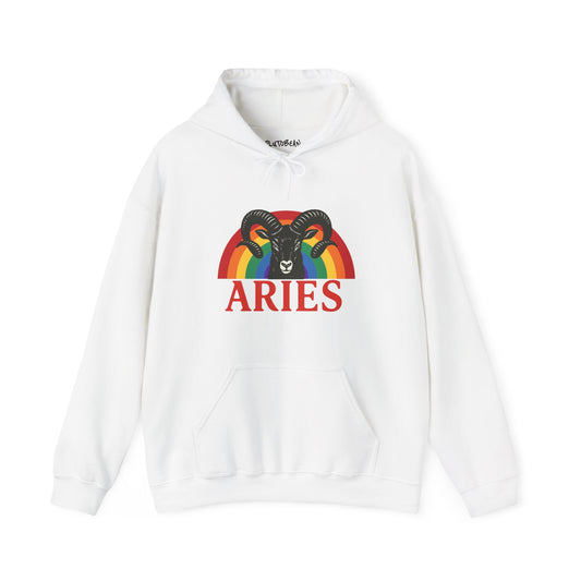 White hoodie with Aries zodiac sign design on a white background