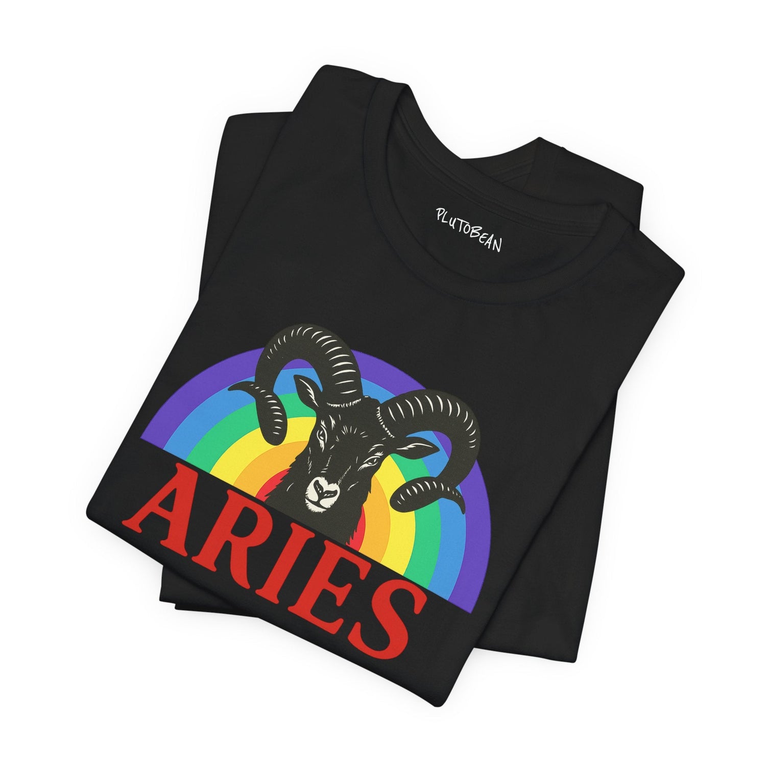 Illustration of a ram's head with large curved horns in front of a rainbow background, above the word "ARIES" in bold red letters.