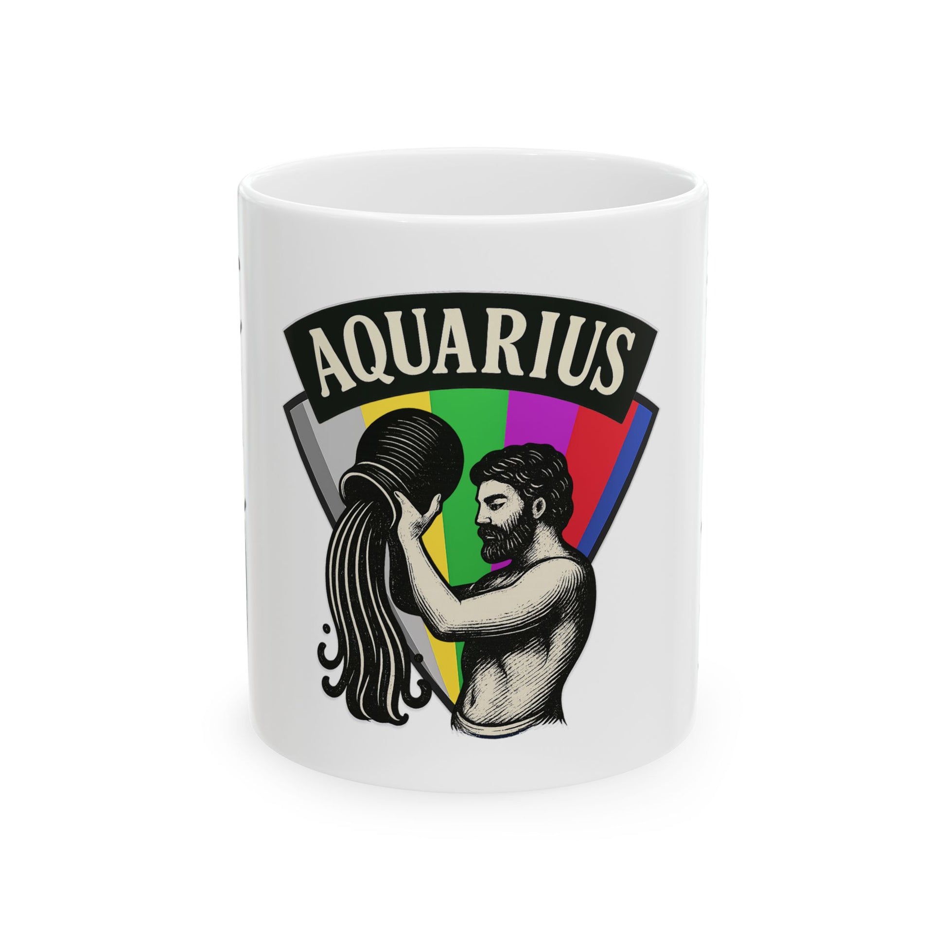 Mug with Aquarius zodiac design featuring a person with long hair and a colorful background.