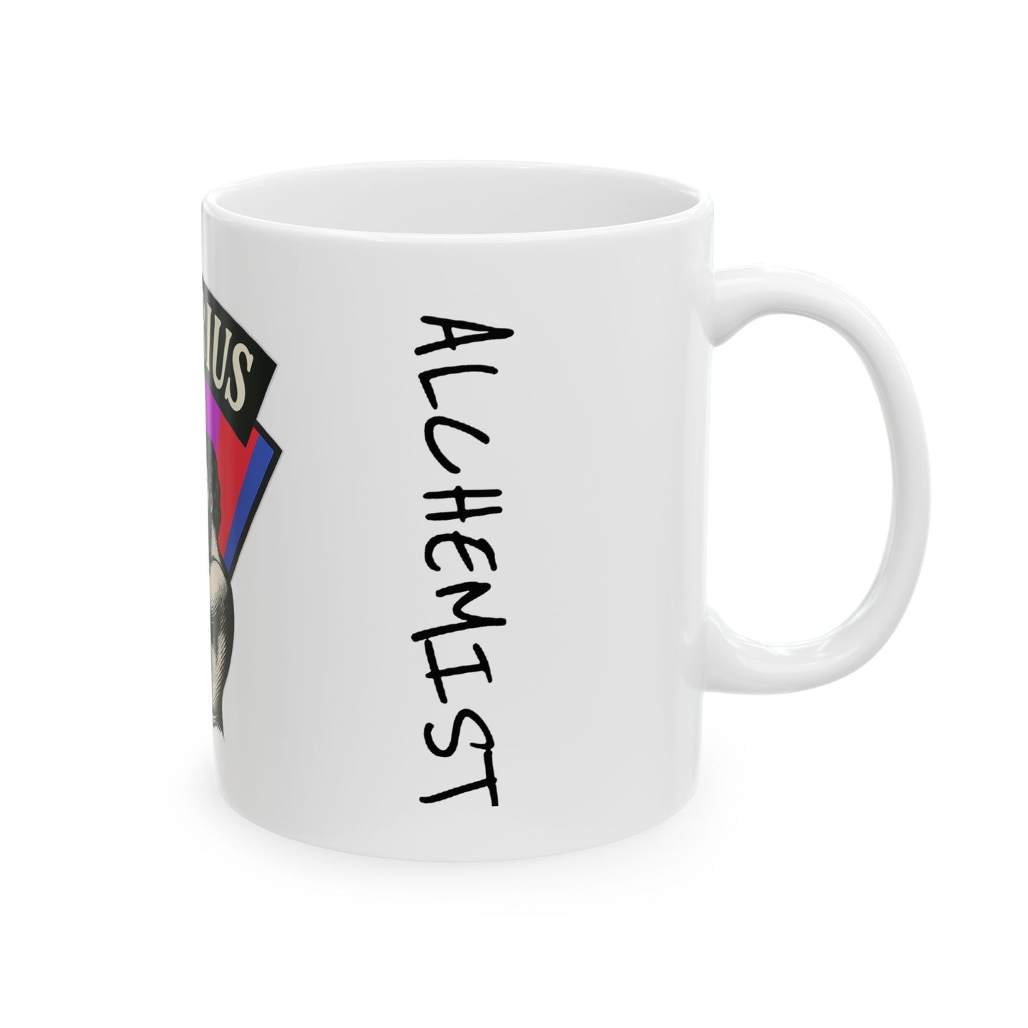 White mug with 'Alchemist' text and colorful design on a white background