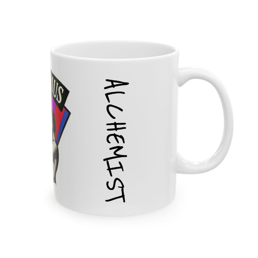 White mug with 'Alchemist' text and colorful design on a white background