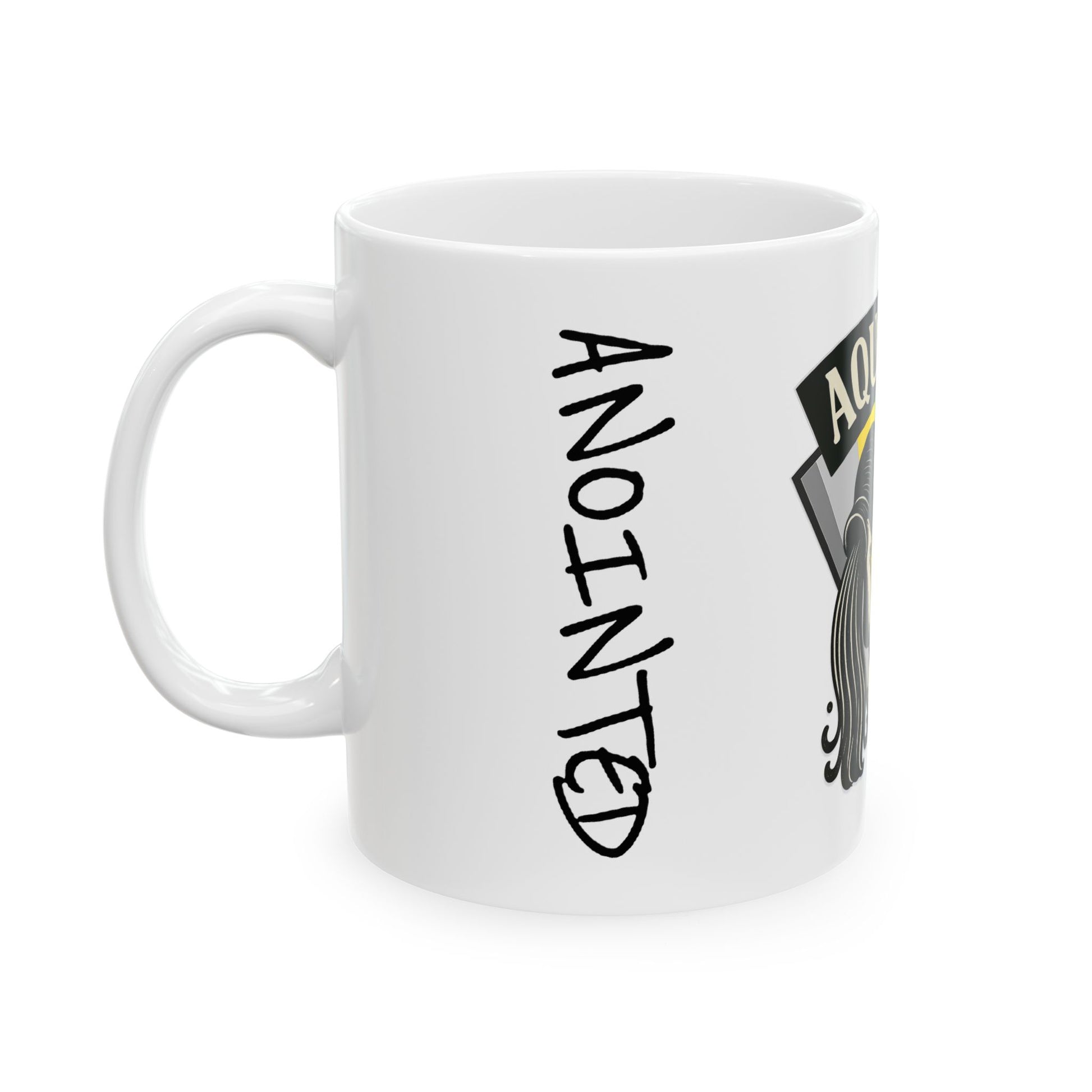White mug with 'ANOINTED' text and graphic design on a white background