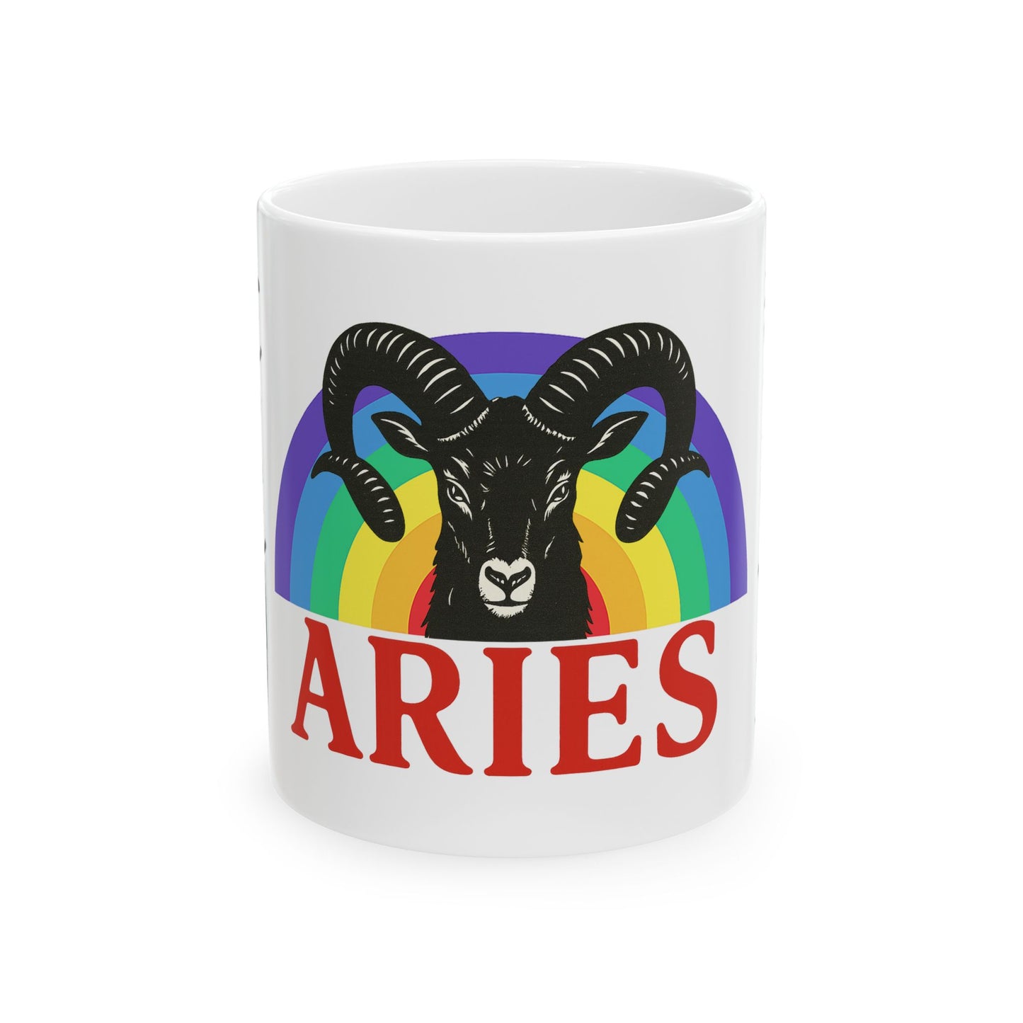 White mug with Aries zodiac sign design featuring a ram and rainbow colors on a white background