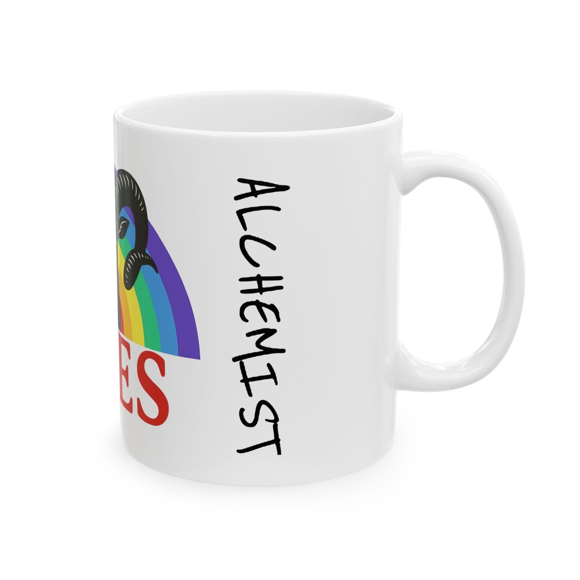 White mug with rainbow design and text on a white background