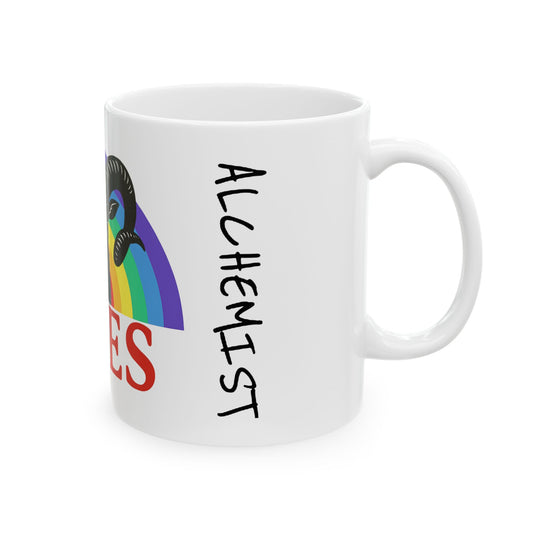 White mug with rainbow design and text on a white background