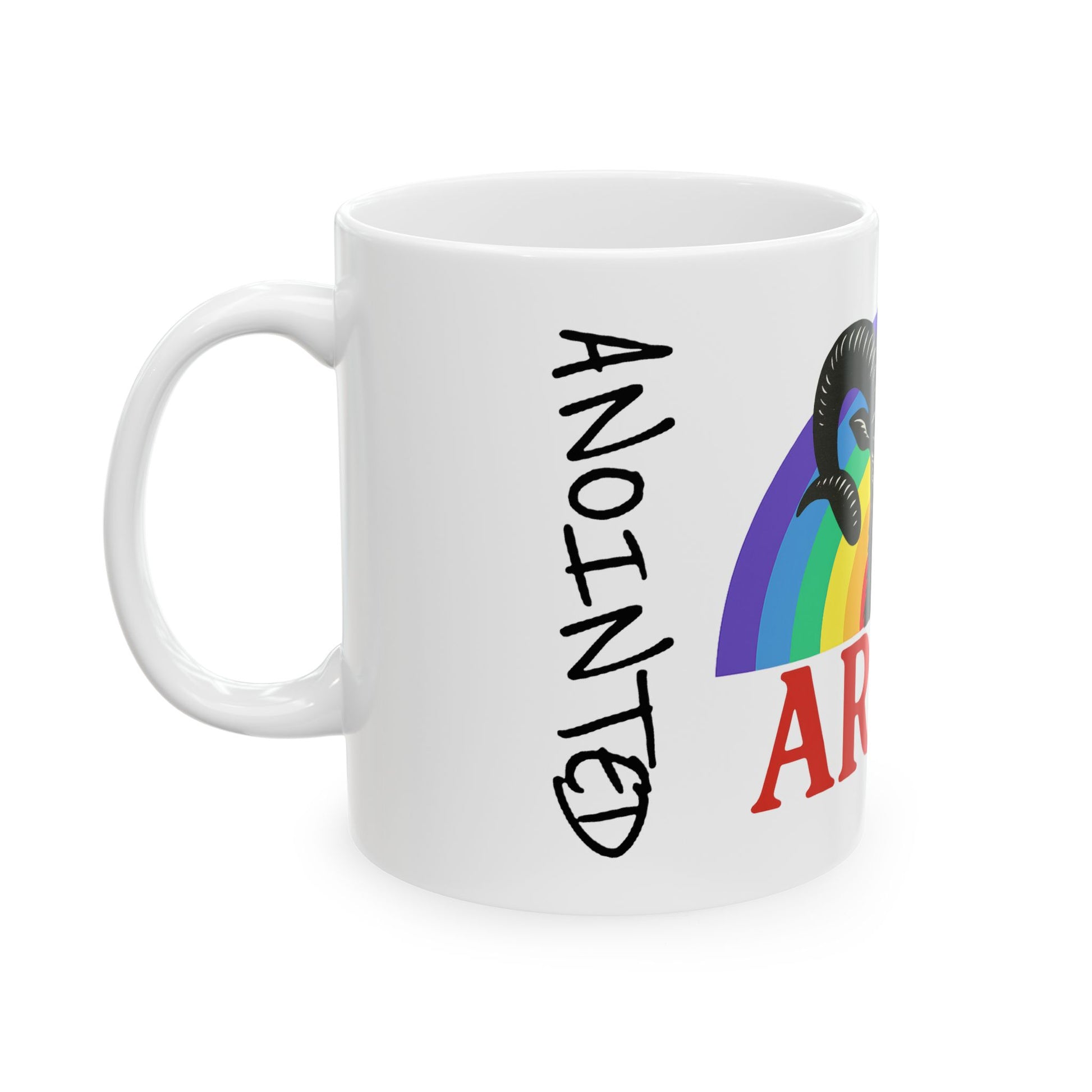 White mug with rainbow design and text on a white background
