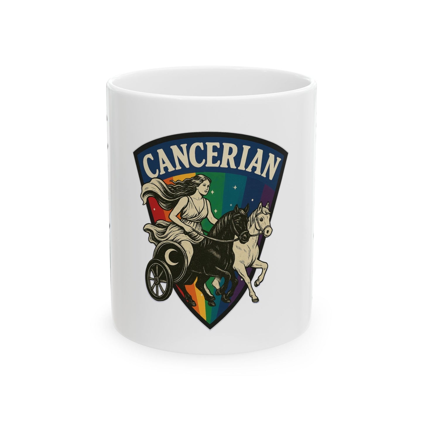 White mug with Cancerian design featuring a woman and horse on a rainbow shield.