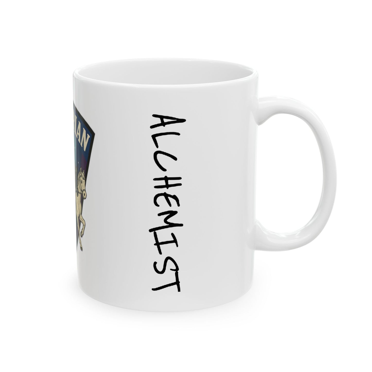 White mug with 'ALCHEMY' text on a white background