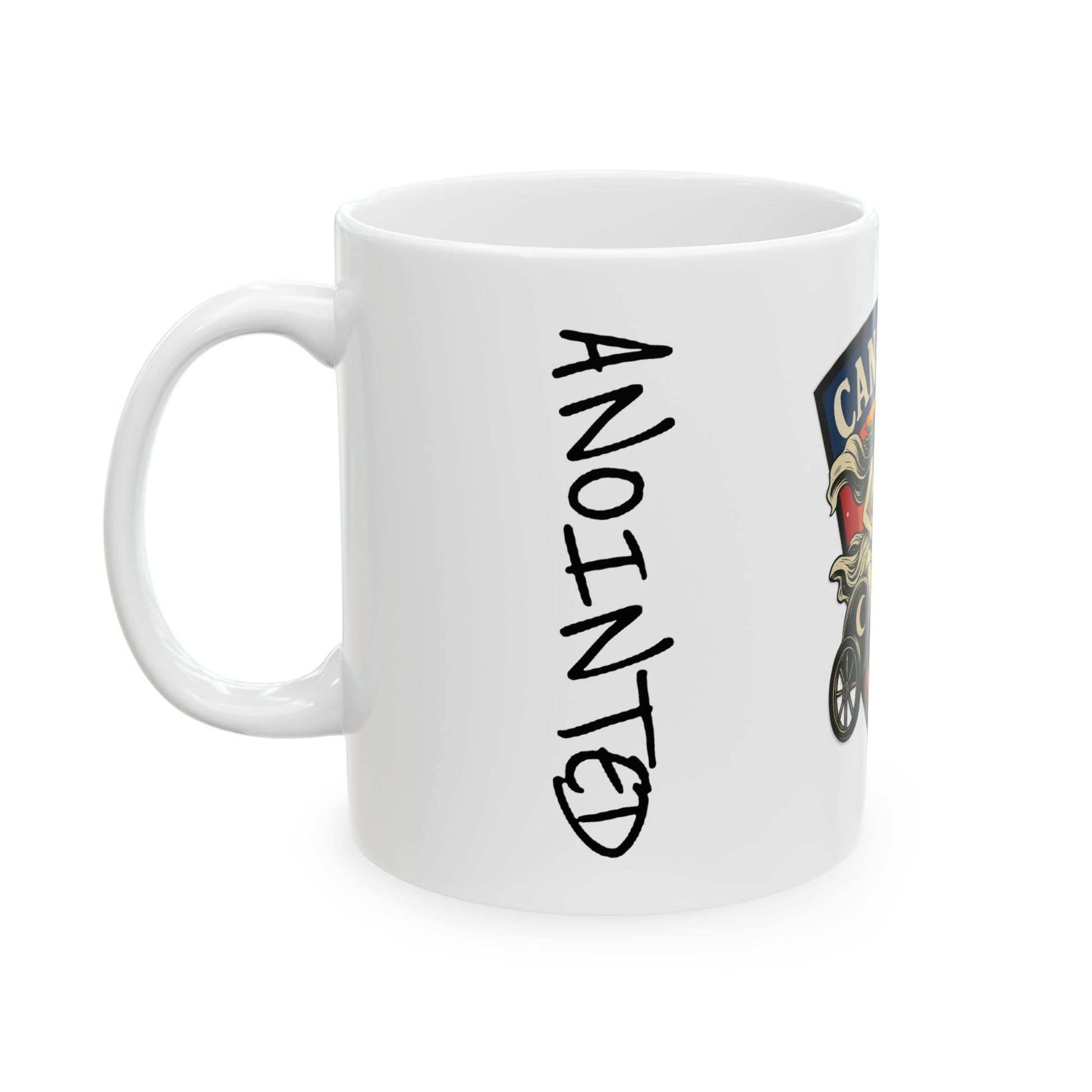 White mug with 'ANOINTED' text and a logo on a white background