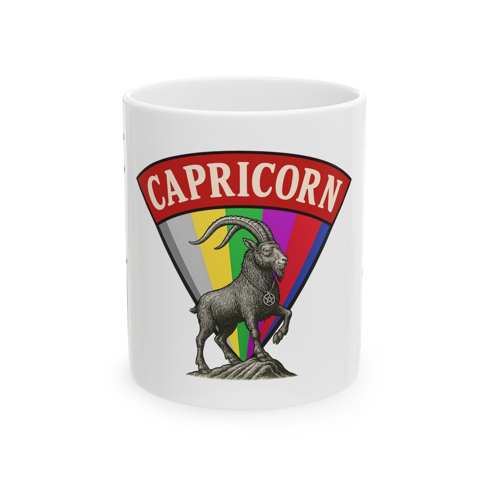White mug with Capricorn design featuring a goat and rainbow colors on a white background
