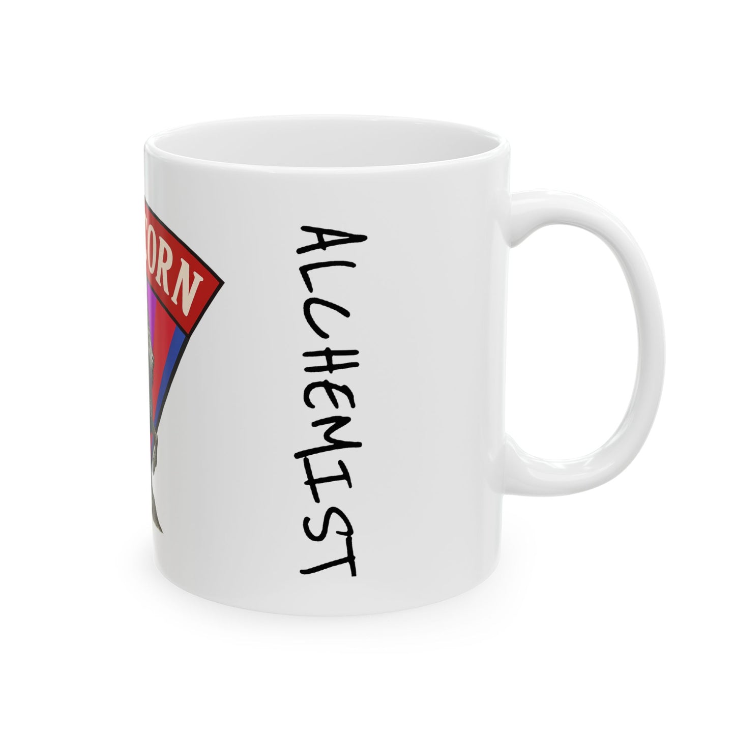 White mug with 'Alchemist' text on a white background