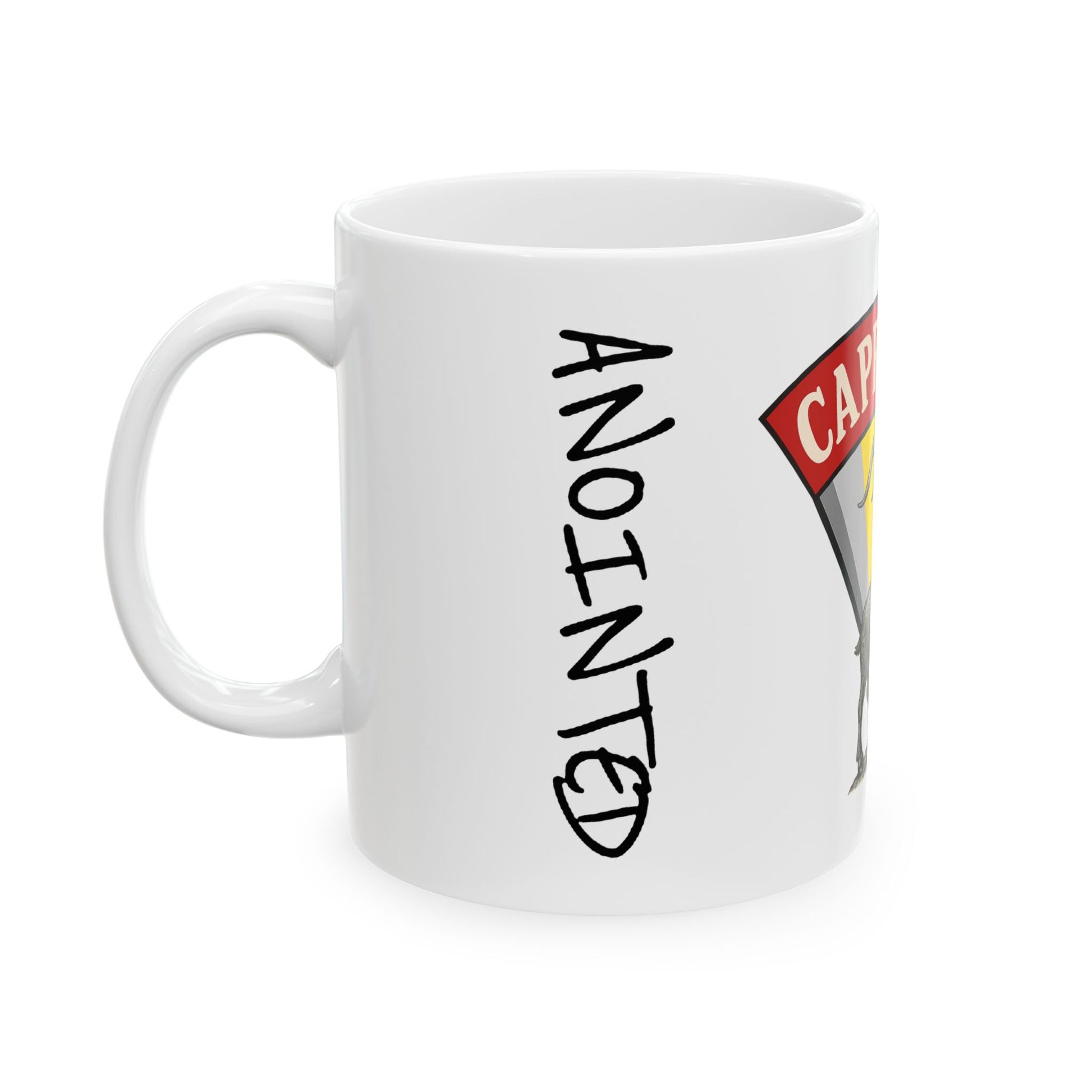 White mug with 'ANOINTED' text and a small graphic on a white background