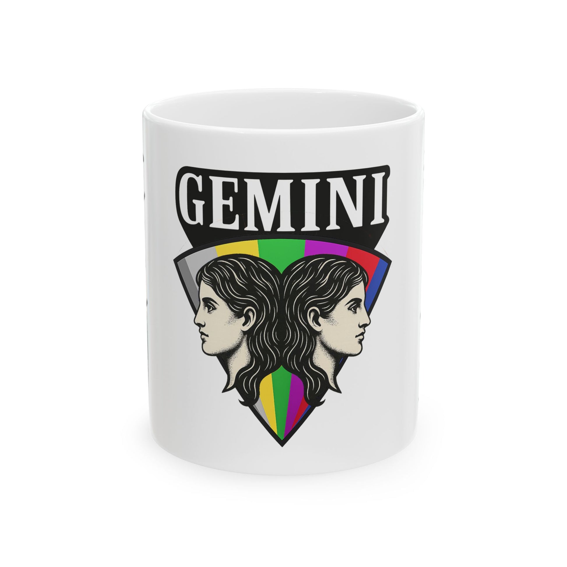 White mug with Gemini zodiac design featuring two faces and a rainbow heart on a white background