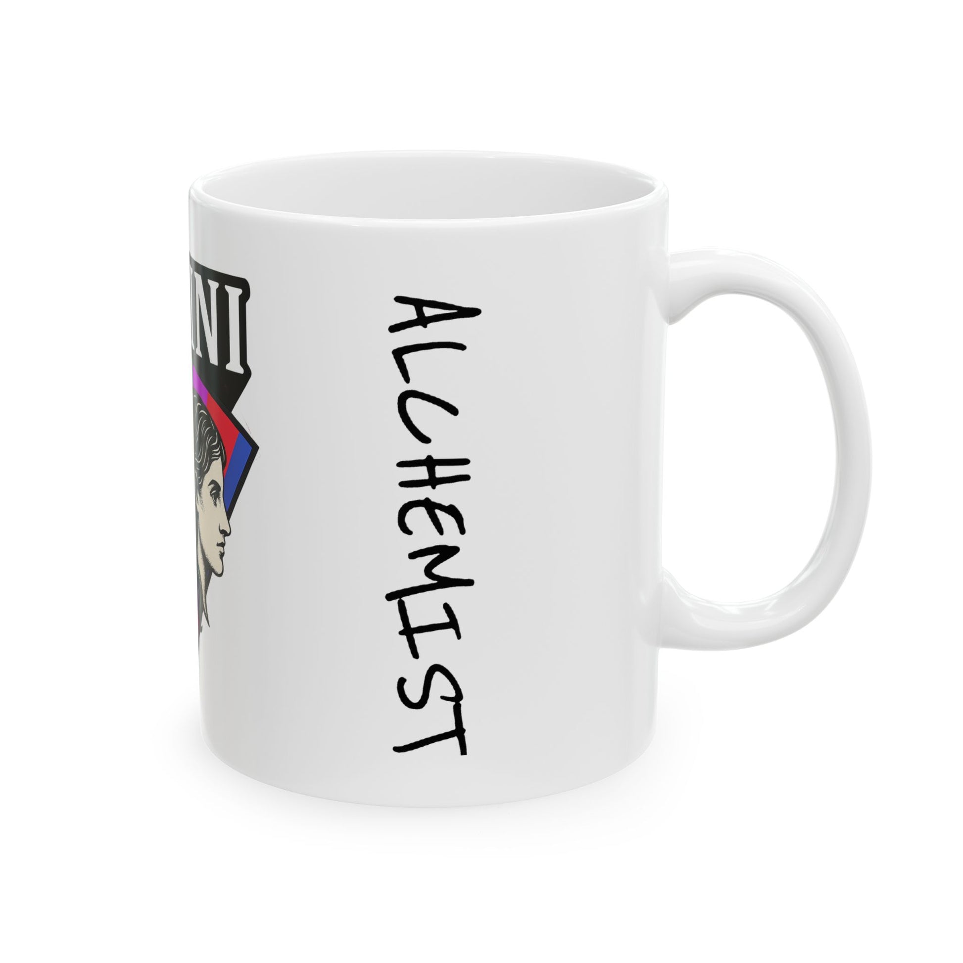 White mug with 'Alchemist' text and character design on a white background