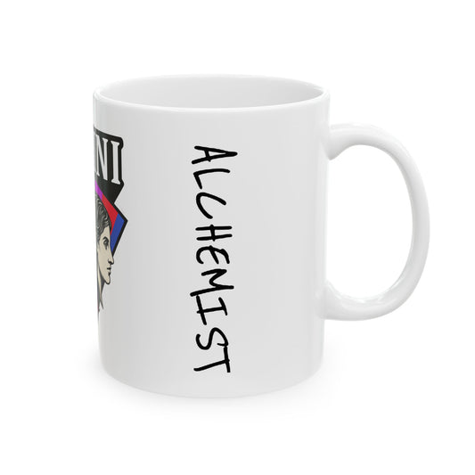 White mug with 'Alchemist' text and character design on a white background