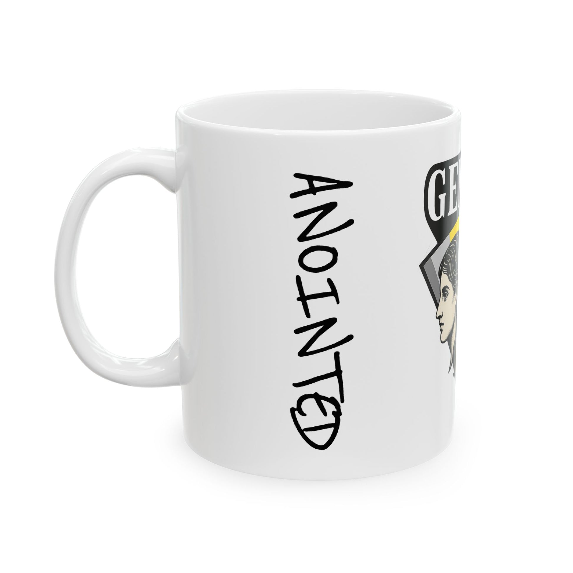 White mug with 'ANOINTED' text and a graphic of a person on a white background
