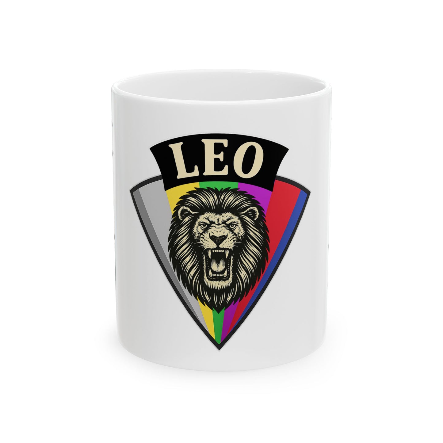 White mug with a Leo zodiac design featuring a lion on a colorful shield.