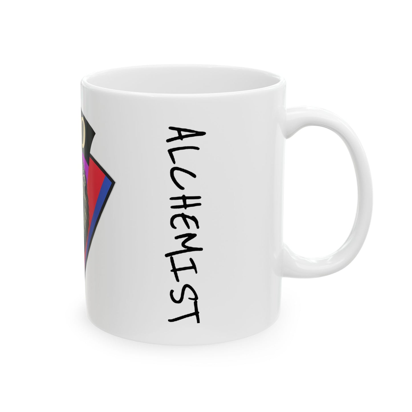 White mug with 'ALCHEMIST' text and colorful design on a white background