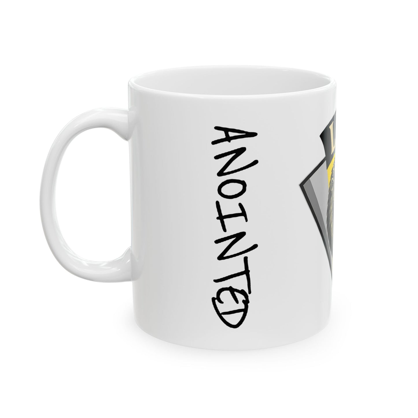 White mug with 'ANOINTED' text on a white background