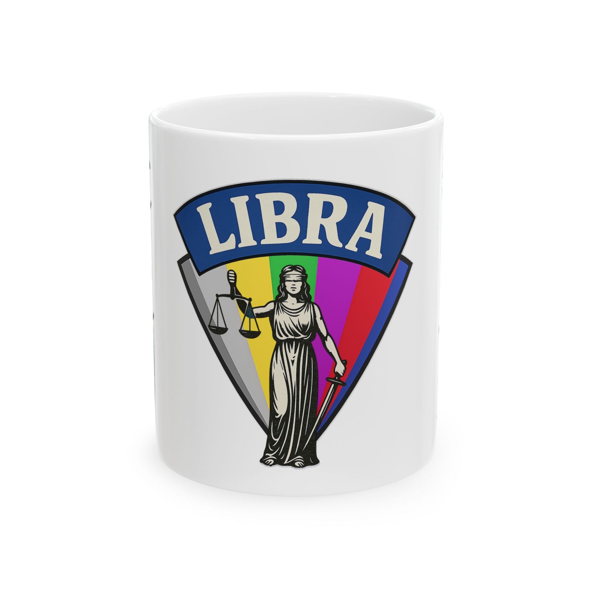 White mug with Libra zodiac design featuring a woman holding scales on a white background
